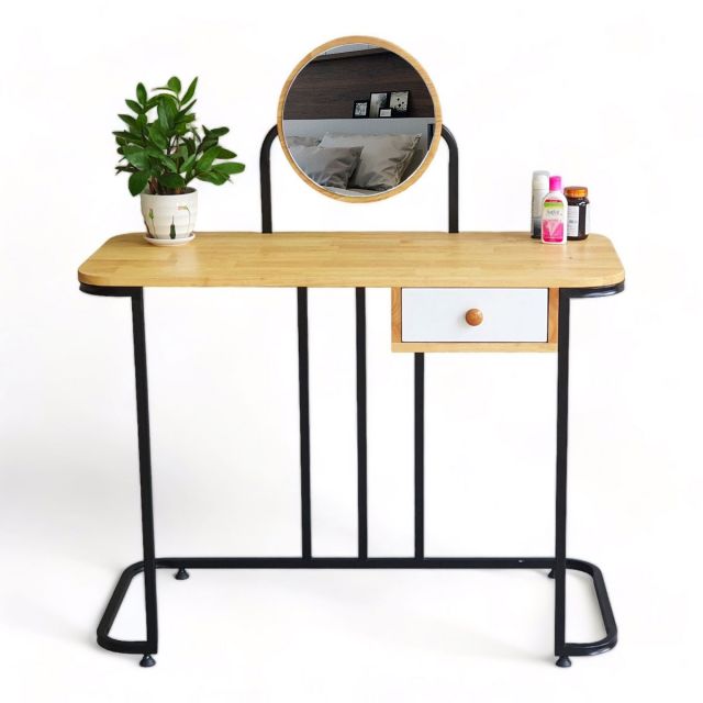 Bàn trang điểm mini có gương gỗ tự nhiên chân sắt BTD68062 Bàn trang điểm mini có gương gỗ tự nhiên chân sắt BTD68062