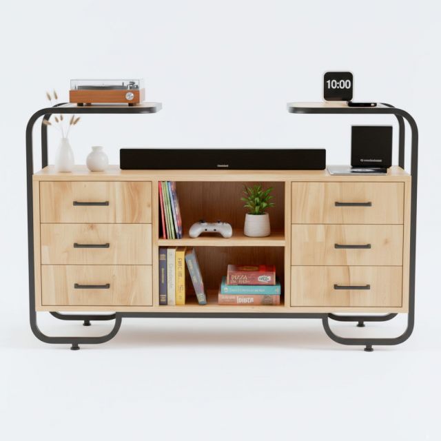 Tủ trang trí phòng khách bằng gỗ tự nhiên khung sắt KTB68134