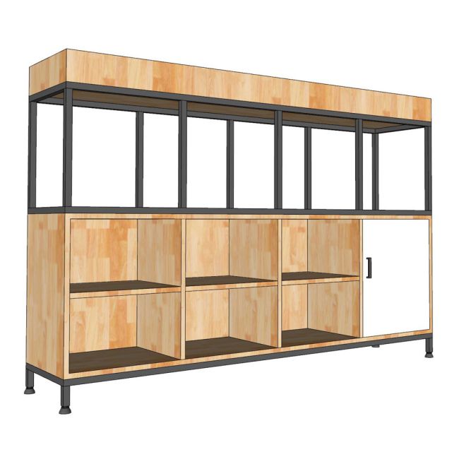 Kệ trang trí văn phòng khung sắt gỗ cao su có khay để cây cảnh TK053
