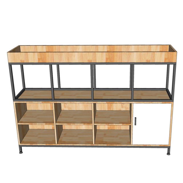 Kệ trang trí văn phòng khung sắt gỗ cao su có khay để cây cảnh TK053