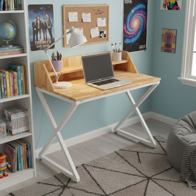 Bàn học chữ X liền kệ 100x60cm gỗ cao su FD68078