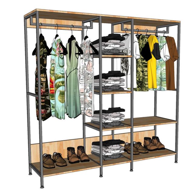 Kệ Treo Quần Áo Khung Sắt Gỗ Cao Su Nhiều Tầng - TK037