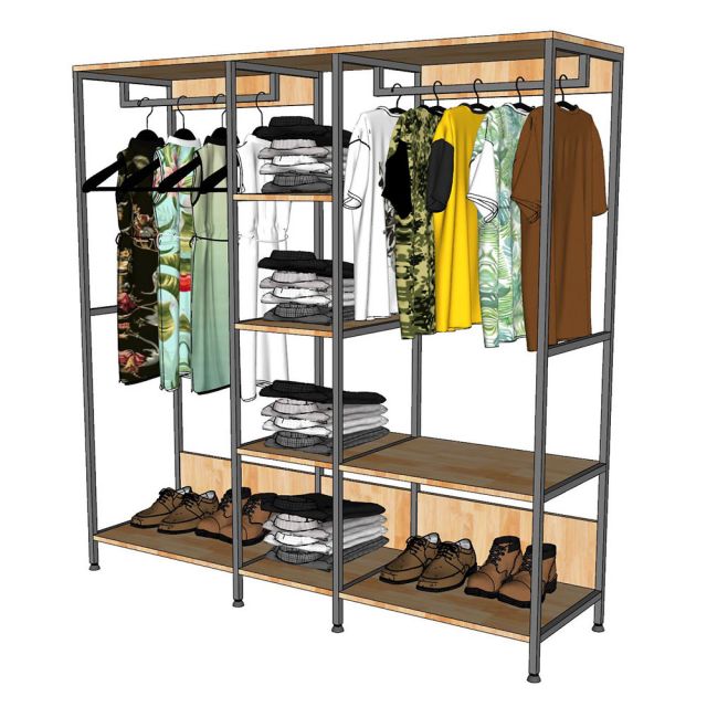 Kệ Treo Quần Áo Khung Sắt Gỗ Cao Su Nhiều Tầng - TK037