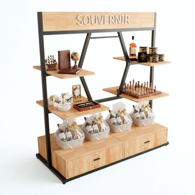 Kệ trưng bày quà lưu niệm 168x80x185cm gỗ cao su KTB68222