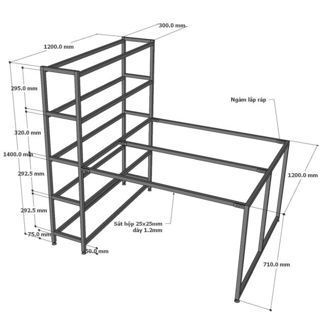 Bàn cụm 2 liền kệ gỗ cao su khung sắt lắp ráp TK071