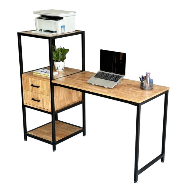 Bàn làm việc liền kệ và hộc tủ khung sắt gỗ cao su BD68096 Bàn làm việc liền kệ và hộc tủ khung sắt gỗ cao su BD68096