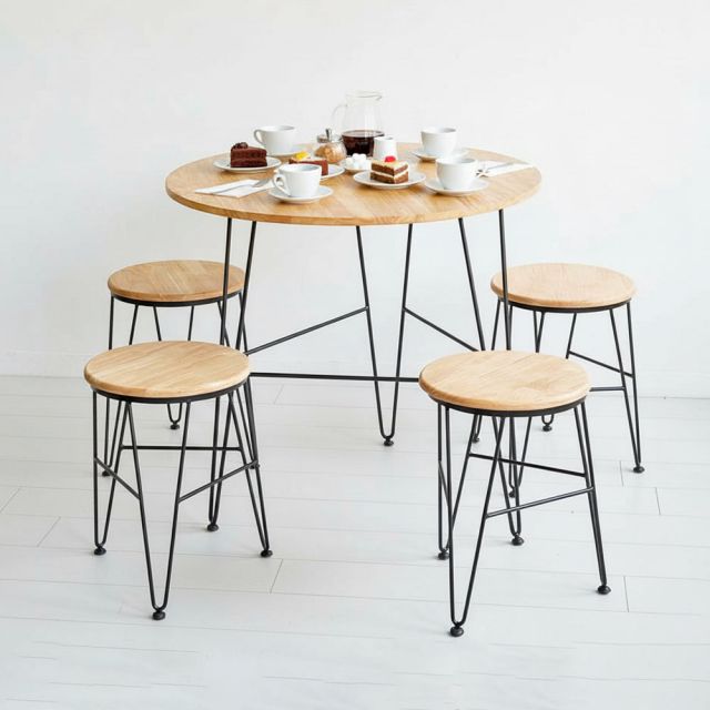 Combo bộ bàn ghế cafe tròn gỗ cao su chân sắt Hairpin CBCF258