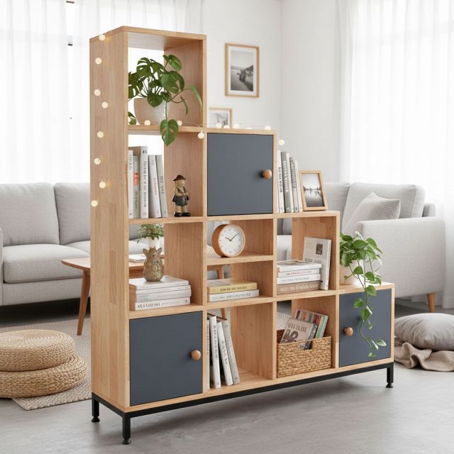 Kệ sách kệ trang trí gỗ cao su chân sắt KS68161