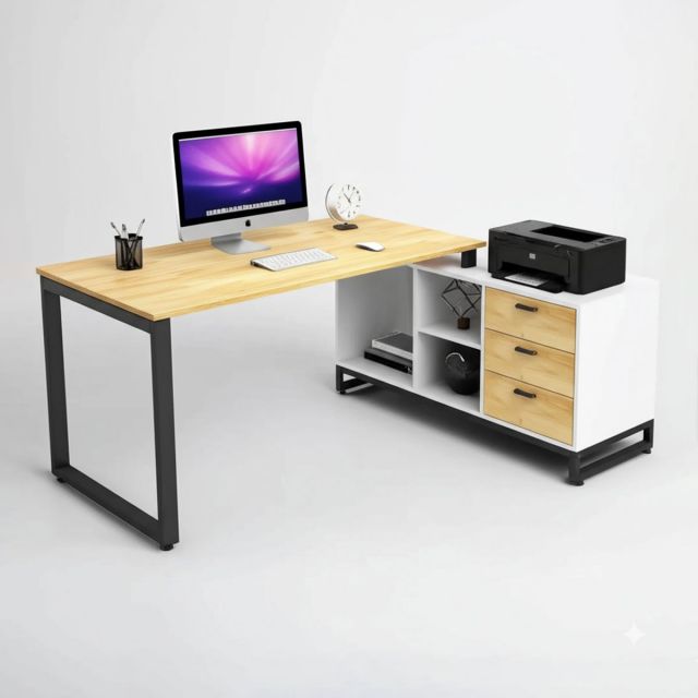 Bàn làm việc gác tủ 170x120cm gỗ cao su chân sắt hệ Rectang HBRT080