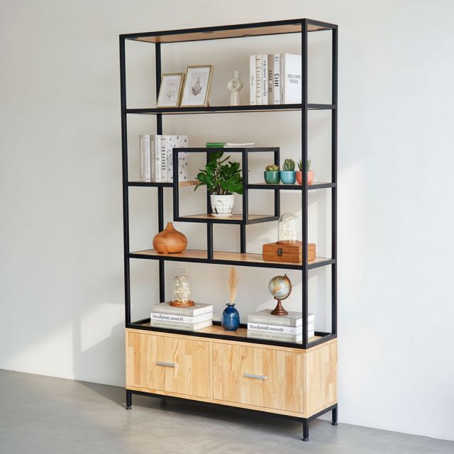 Kệ tủ trang trí phòng khách 100x30x180cm gỗ cao su khung sắt KTB68142 Kệ tủ trang trí phòng khách 100x30x180cm gỗ cao su khung sắt KTB68142