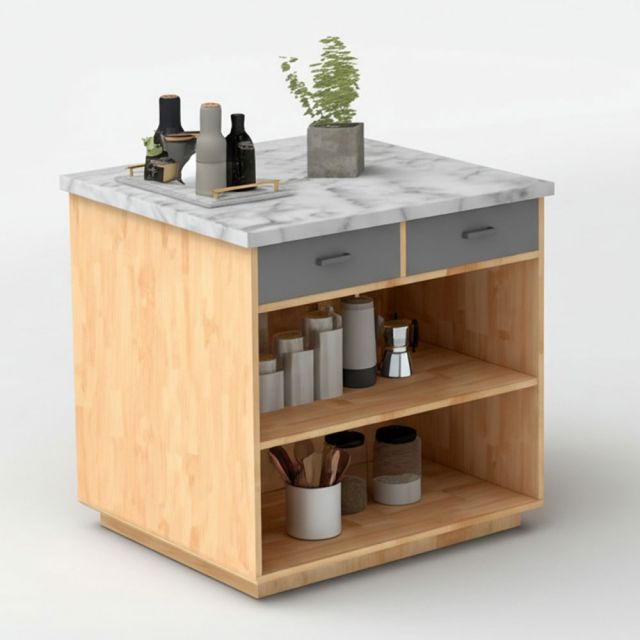 Bàn đảo bếp mini hình vuông 80x80x85cm gỗ cao su mặt đá KISL003