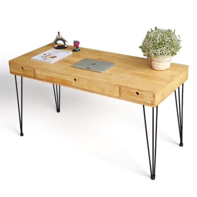 Bàn làm việc có hộc 140x60cm gỗ cao su chân sắt Hairpin BD68104 Bàn làm việc có hộc 140x60cm gỗ cao su chân sắt Hairpin BD68104