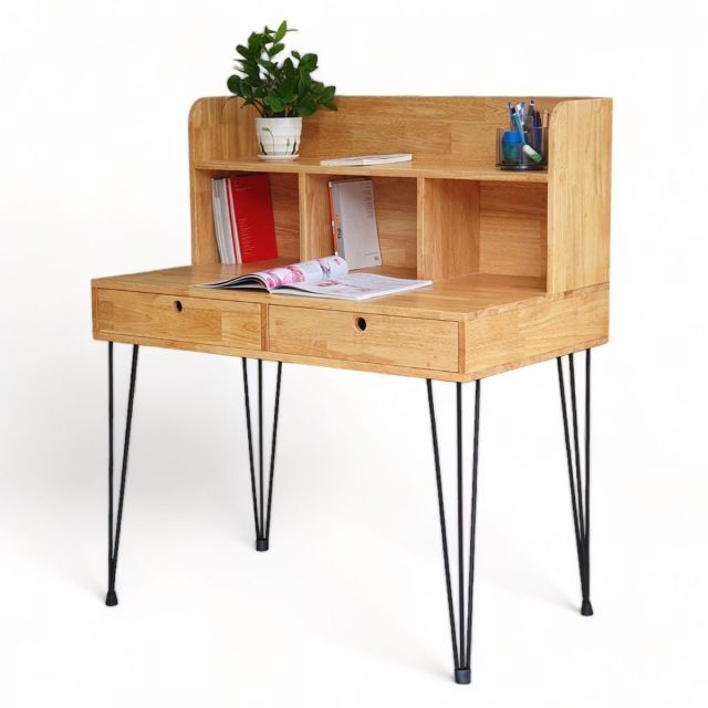 Bàn làm việc 120x60cm liền kệ sách gỗ cao su chân sắt Hairpin BD68109 Bàn làm việc 120x60cm liền kệ sách gỗ cao su chân sắt Hairpin BD68109