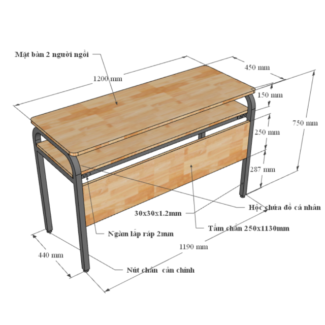 Bàn học 2 chỗ ngồi 120x45cm gỗ cao su PSD042