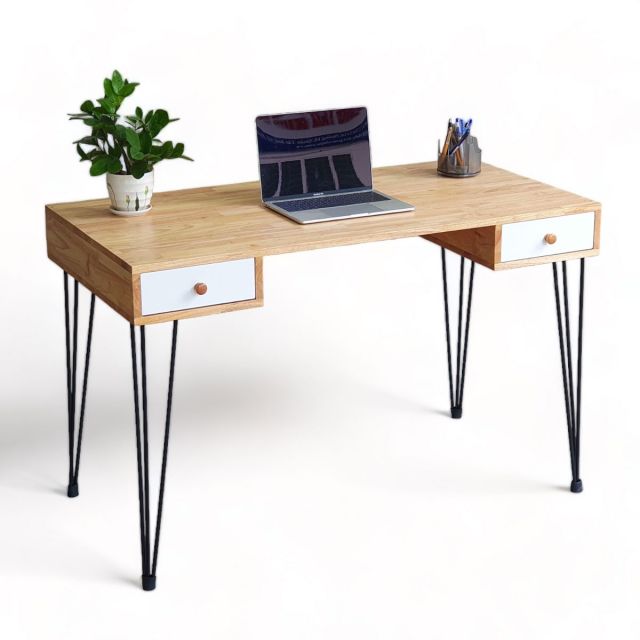 Bàn làm việc có ngăn hộc kéo 120x60cm gỗ cao su chân sắt Hairpin BD68111