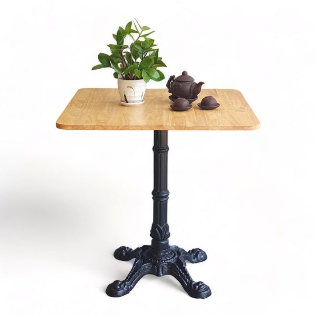 Bàn cafe vuông 70x70cm gỗ cao su chân bằng gang đúc nghệ thuật CFD68193 Bàn cafe vuông 70x70cm gỗ cao su chân bằng gang đúc nghệ thuật CFD68193