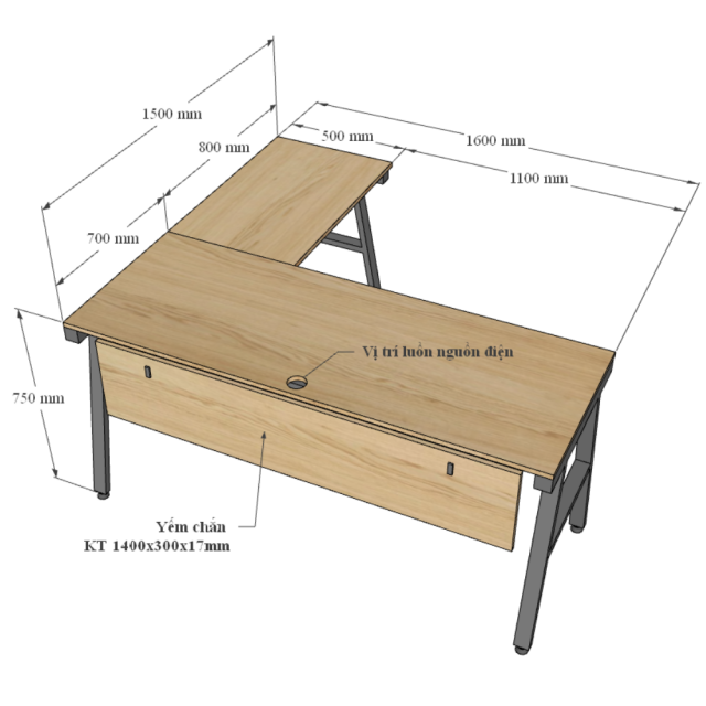 Chi tiết kích thước bàn làm việc chữ L 160x140cm