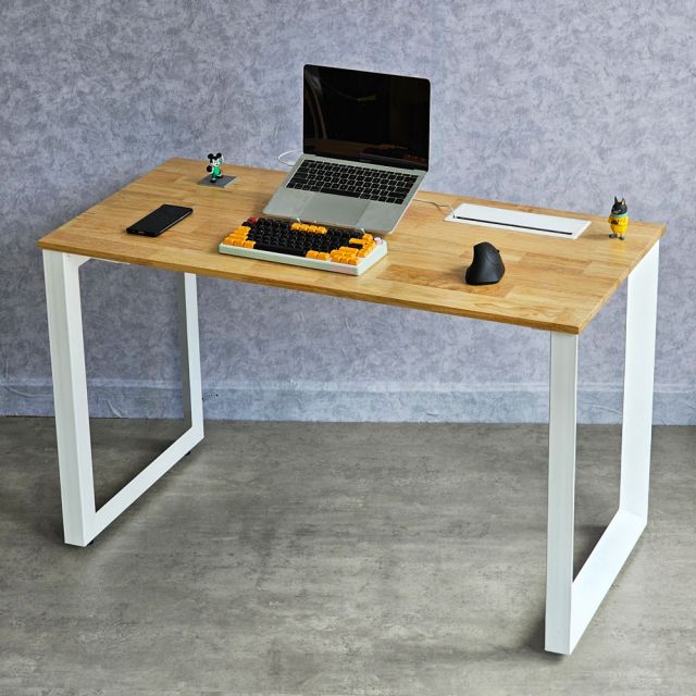 Bàn làm việc có nắp hộp điện 120x60cm gỗ cao su chân sắt lắp ráp hệ Trian HBTA023