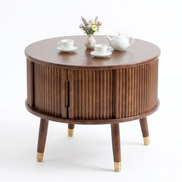 Bàn sofa tròn gỗ Ash cửa lùa mặt bàn gỗ cao su phủ veneer TT68260