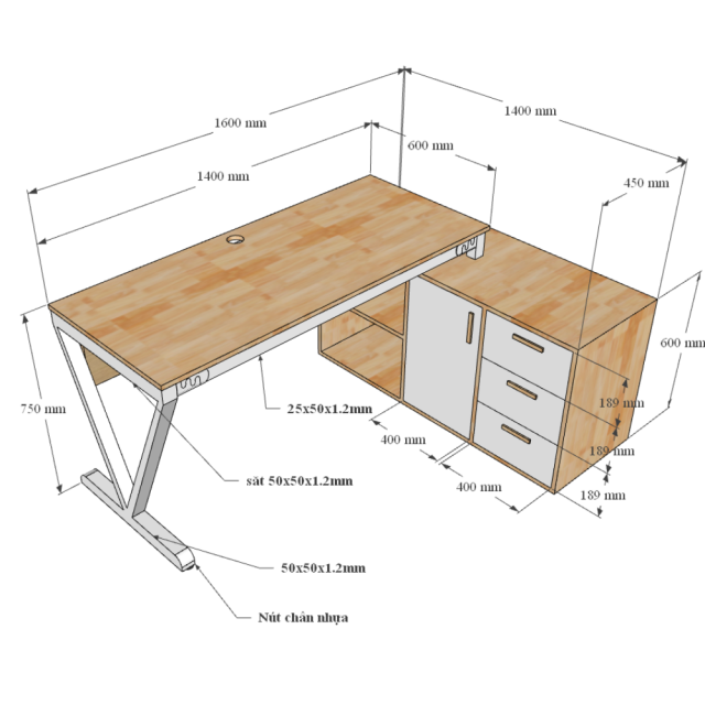 Kích thước Bàn giám đốc 160x140 VConcept chân sắt lắp ráp