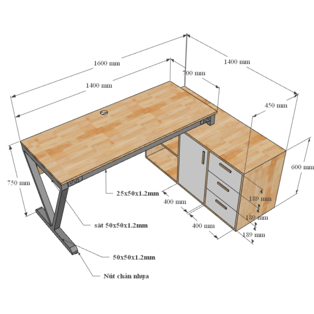 Kích thước Bàn giám đốc 160x140 (mặt bàn 70) VConcept chân sắt lắp ráp