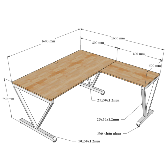 Kích thước Bàn làm việc 160x160 VConcept chân sắt lắp ráp