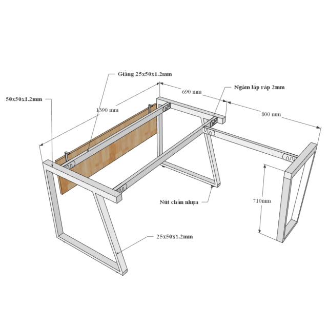 Kích thước Bàn chữ L 140x150 Trapeze II Concept chân sắt lắp ráp