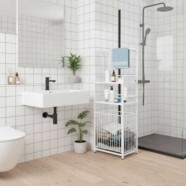 Kệ để đồ phòng tắm có móc treo và giỏ đựng KPT68009