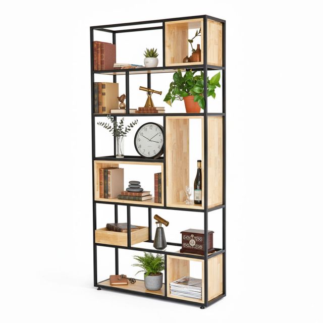 Kệ trang trí khung sắt 100x30x200cm gỗ cao su KS68141