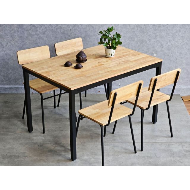 Combo bộ bàn ăn đơn giản và 4 ghế gỗ cao su chân sắt CBBA136