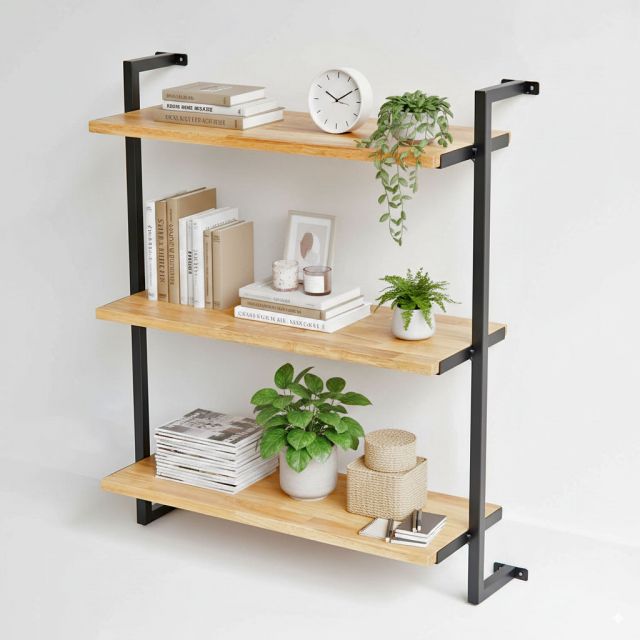 Kệ sách treo tường 3 tầng 64x25x80cm gỗ cao su khung sắt KS68221