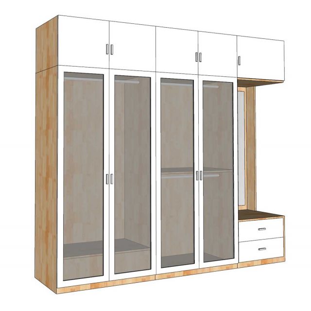 Hệ tủ quần áo 240x55x220cm gỗ cao su cửa kính TQA68048