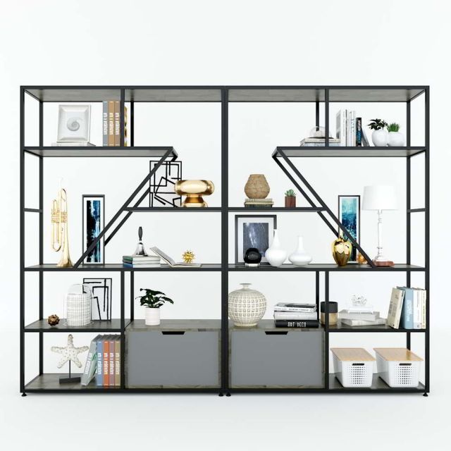 Hệ kệ trang trí khung sắt 240x35x180cm gỗ cao su KTB68166