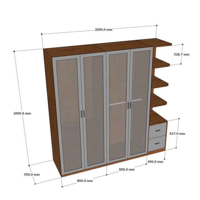 Hệ tủ quần áo 200x55x200cm gỗ cao su cửa kính TQA68049
