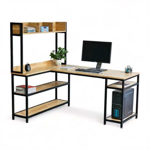 Bàn góc L liền kệ sách và kệ CPU 160x120x150cm gỗ cao su CD68030 Bàn góc L liền kệ sách và kệ CPU 160x120x150cm gỗ cao su CD68030