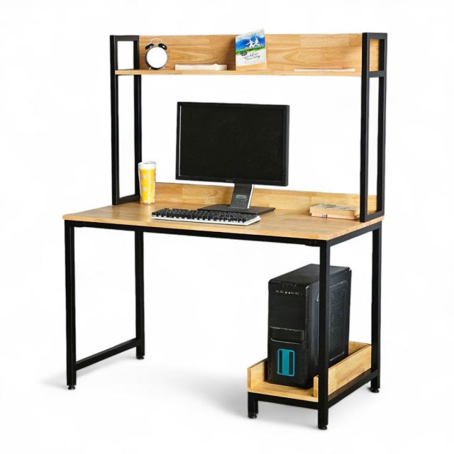 Bàn máy tính liền kệ sách 120x60x150cm gỗ cao su khung sắt FD68063 Bàn máy tính liền kệ sách 120x60x150cm gỗ cao su khung sắt FD68063