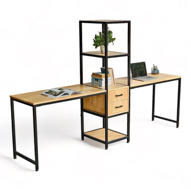Cụm bàn làm việc 2 người kết hợp kệ sách 240x50cm gỗ cao su HBMN041 Cụm bàn làm việc 2 người kết hợp kệ sách 240x50cm gỗ cao su HBMN041