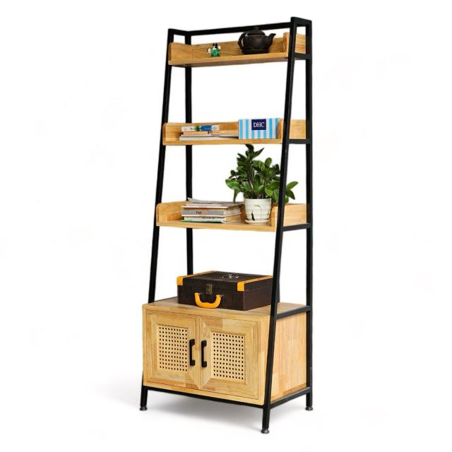 Kệ trang trí có tủ 64x36x160cm gỗ cao su khung sắt KTB68175 Kệ trang trí có tủ 64x36x160cm gỗ cao su khung sắt KTB68175
