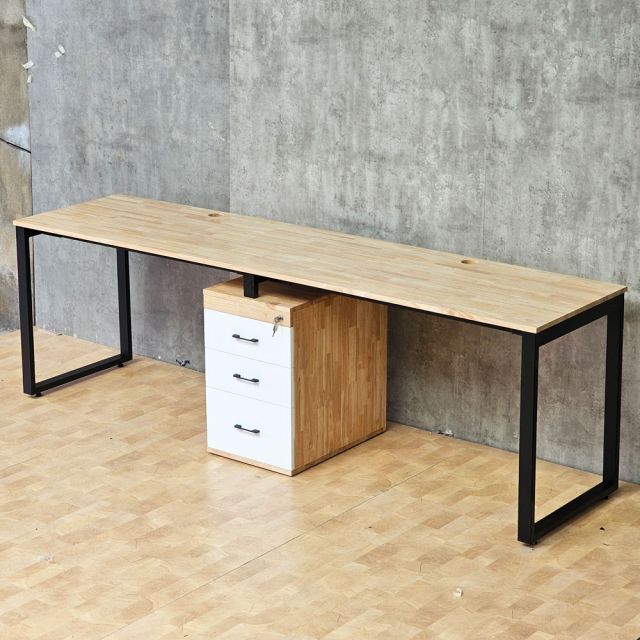 Bàn cụm 2 chỗ có tủ 240x60cm gỗ cao su hệ Rectang HBRT094