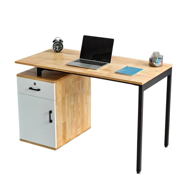 Bàn làm việc gác tủ 120x60cm gỗ cao su chân sắt hệ Slean HBSL038 Bàn làm việc gác tủ 120x60cm gỗ cao su chân sắt hệ Slean HBSL038