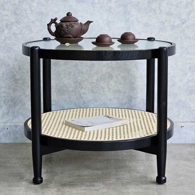 Bàn sofa tròn 2 tầng 58x46cm mặt kính hiệu ứng TT68243