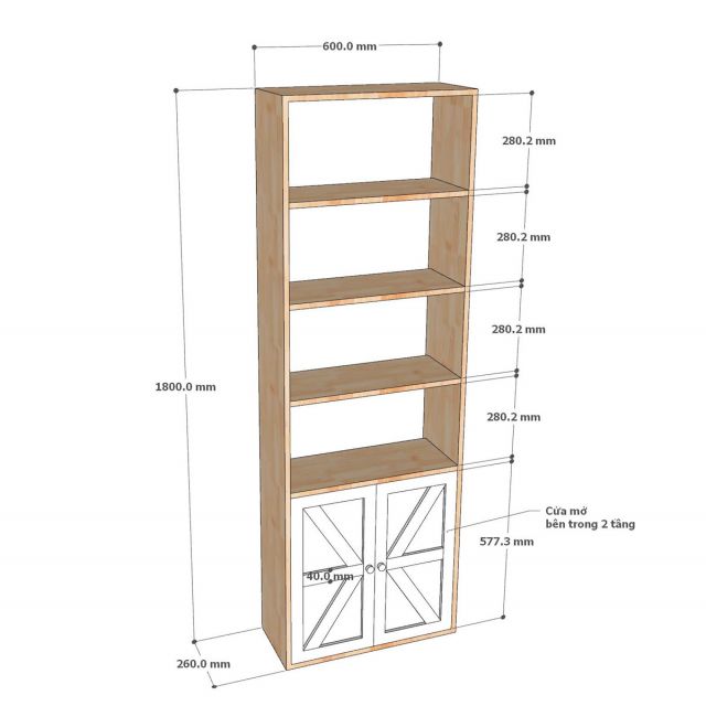 Kệ sách 6 tầng có ngăn tủ 60x26x180cm gỗ cao su KS68251