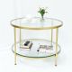 Bàn sofa tròn 2 tầng mặt kính khung vàng đồng TT68161
