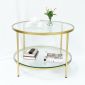Bàn sofa tròn 2 tầng mặt kính khung vàng đồng TT68161
