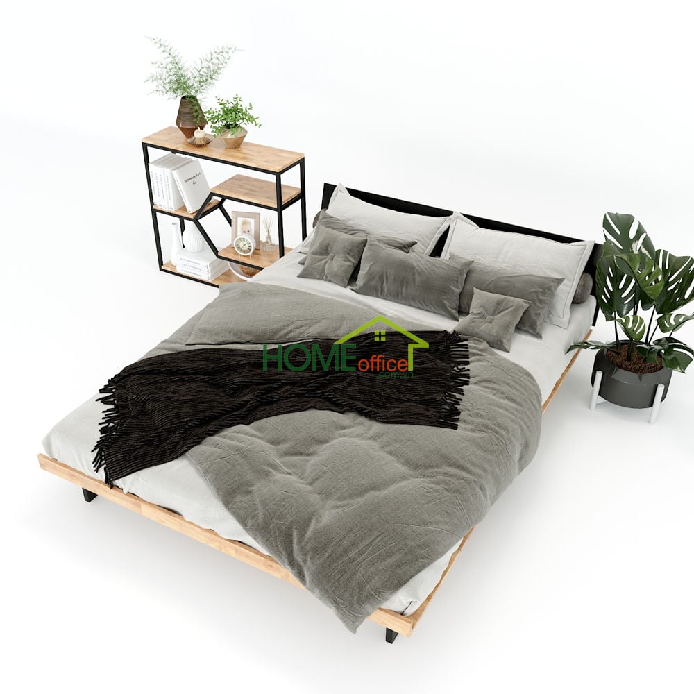 Giường ngủ đơn hiện đại gỗ cao su khung sắt lắp ráp