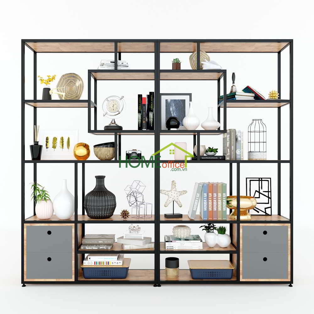 Hệ kệ trưng bày gỗ cao su khung sắt 200x30x180cm KTB68077 Hệ Kệ Trưng Bày Gỗ Cao Su Khung Sắt 200X30X180Cm Ktb68077
