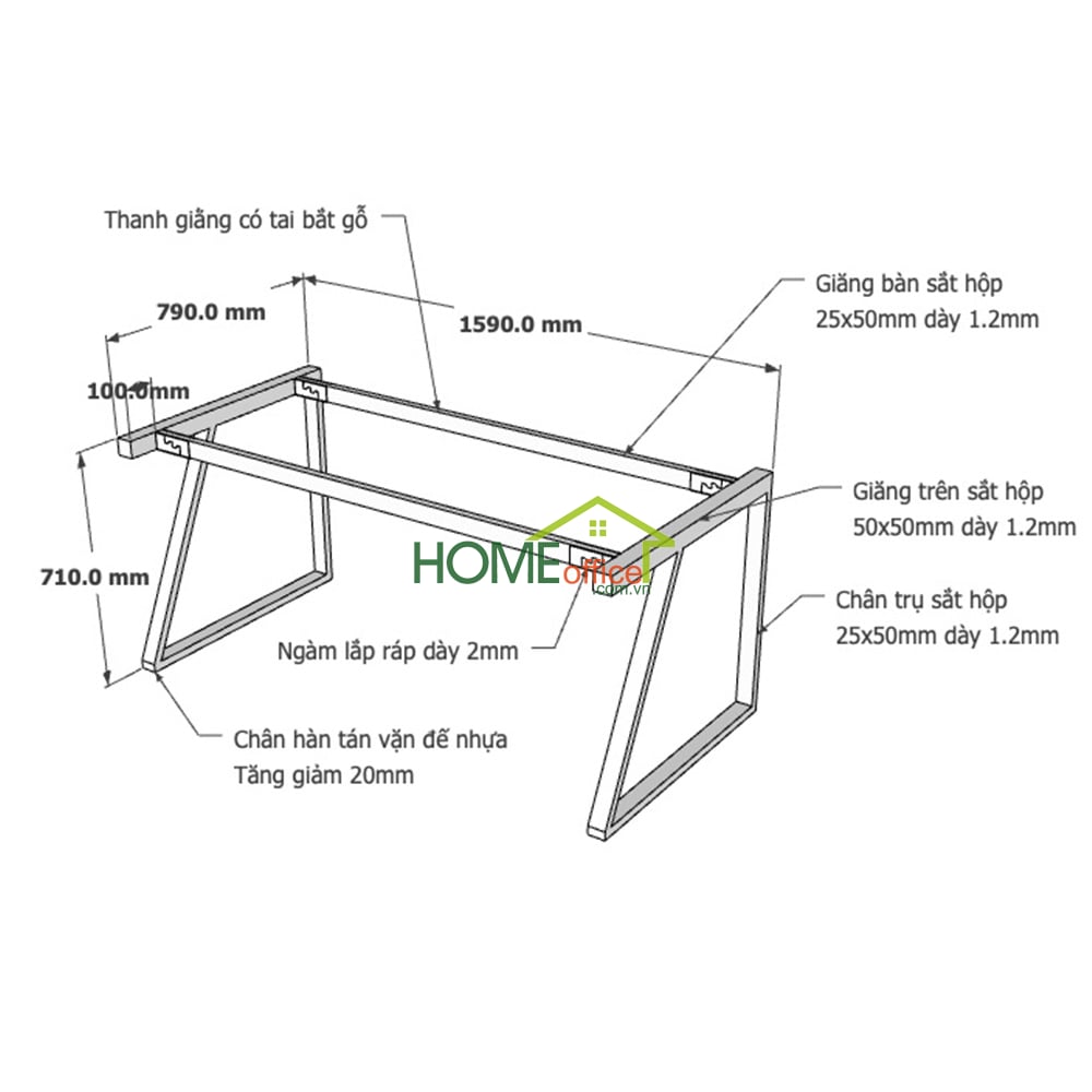 Kích thước chân sắt lắp ráp cho bàn 160x80x75cm 