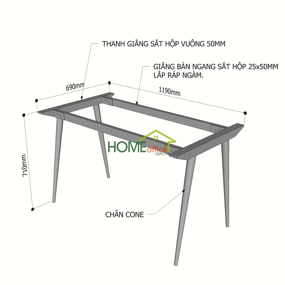 Kích thước chân sắt hệ CONE cho bàn 120x70cm