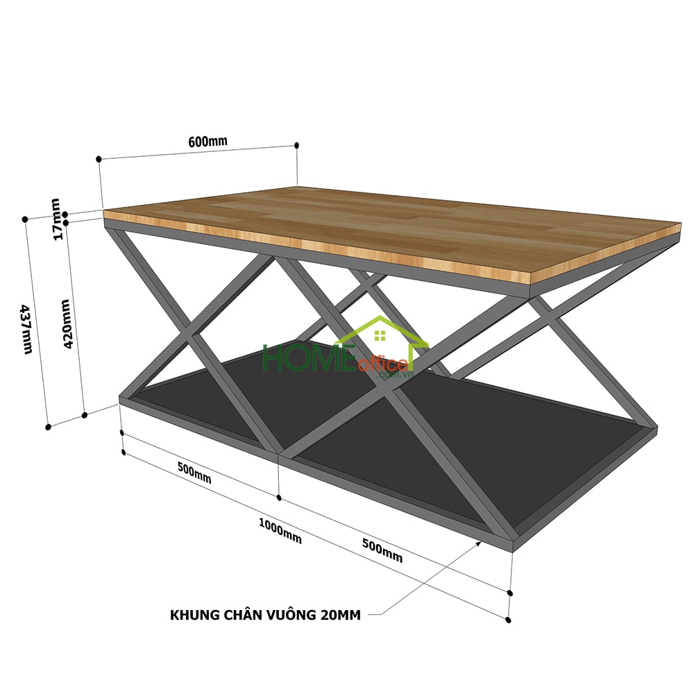 Kích thước bàn sofa 2 tầng mặt gỗ tràm khung X 