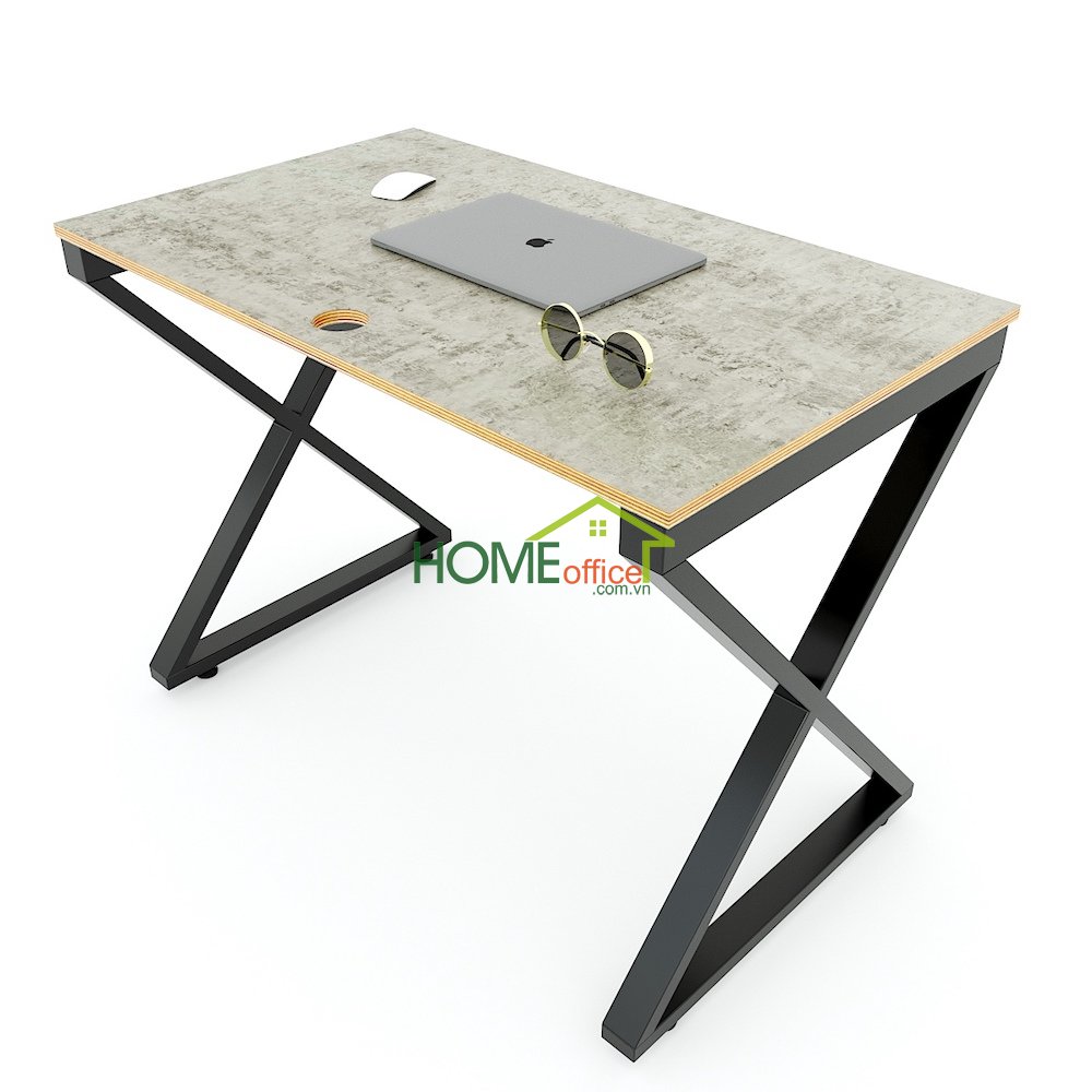 bàn làm việc đơn giản mặt gỗ màu bê tông chân sắt chữ X